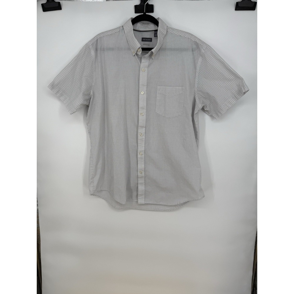 Van Heusen Men's XL 17-17 1/2 White Check Shirt Short Sleeve Classic Fit